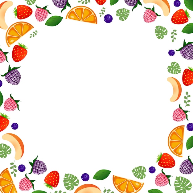 Frame made of fruits and berries on a white background to insert text advertising postcards