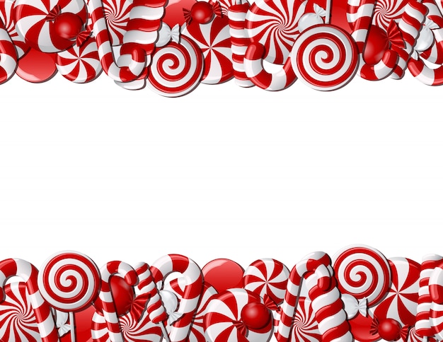 Vector frame made of red and white candies. seamless pattern