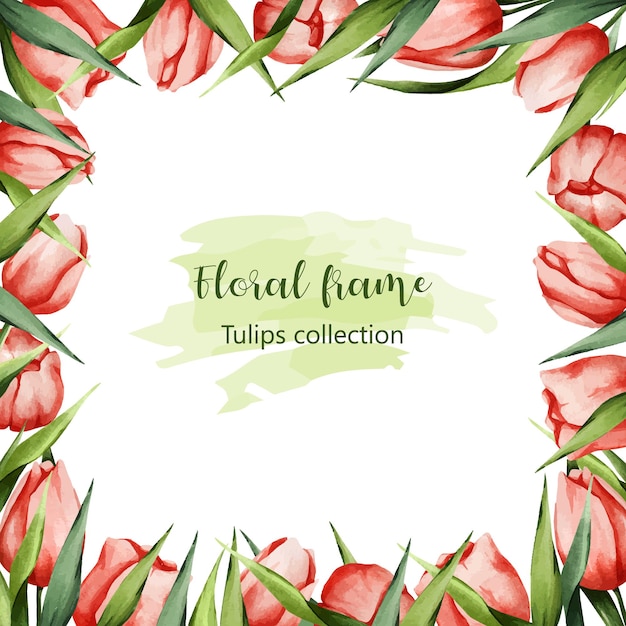 Frame made of watercolor flowers  tulips and green leaves spring background for cards posters