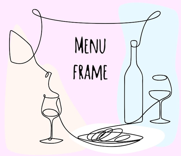 Vettore cornice per menu in stile line art con una bottiglia di vino un bicchiere e un piatto di spaghetti