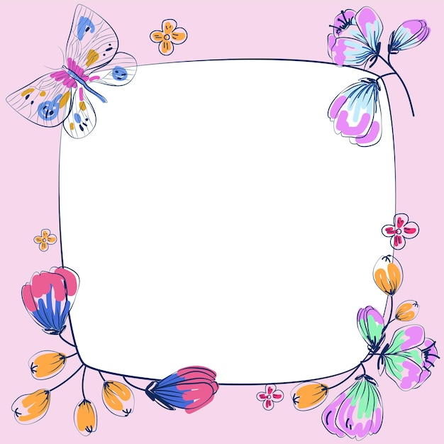 Vector frame met bladeren bloemen en vlinders rond en belangrijke aankondigingen binnen kader met planten over en recente informatie in floral box met nieuwe ideeën
