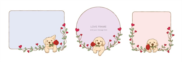 Frame met cartoon golden retriever hond met rood roze bloem in de mond mooie hond in de liefde