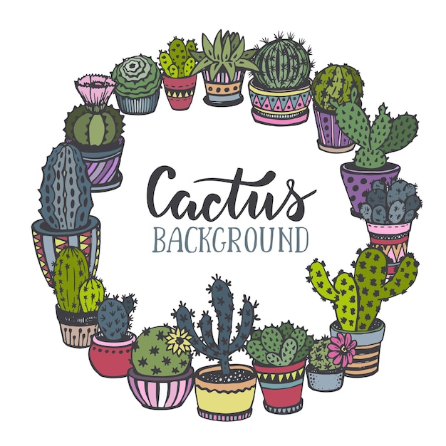 Vector frame met hand getrokken cactus in schetsstijl.