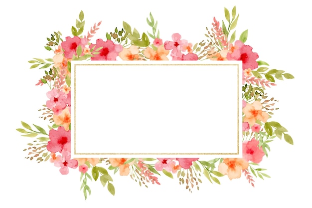 Frame met rode en roze bloemen en gouden textuur Met de hand getekende aquarel illustratie van rechthoekige rand voor bruiloftsuitnodigingen of groetekaartjes Tekening van bloemen achtergrond met oranje planten