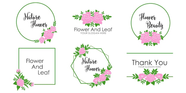 Frame met roos Bloemen Planten pictogrammenset Decoratief geschetst vectorillustratie Floral logo Design