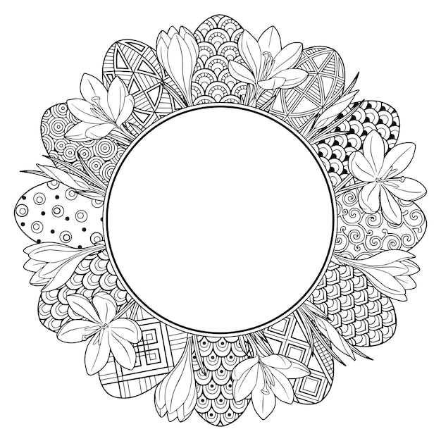 Frame met zwart-wit doodles paaseieren en bloemen