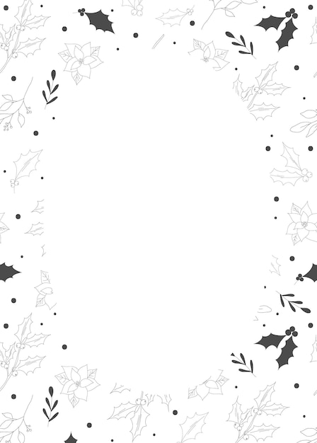 Vector frame met zwarte handgetekende kerstmis nieuwjaar winter doodle iconen bladeren