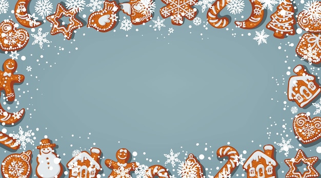 ベクトル 淡いブルーの背景に分離されたクリスマスジンジャーブレッドクッキーと雪片のフレーム