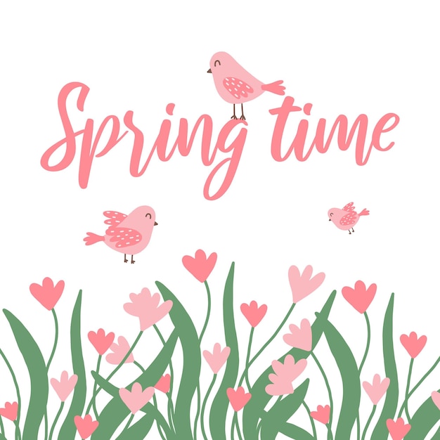 春のピンクの花と草のフレームピンクの鳥と春のレタリング花とレタリングのポストカード手描きスタイルのベクトルイラスト花の春のフレームベクトルイラスト
