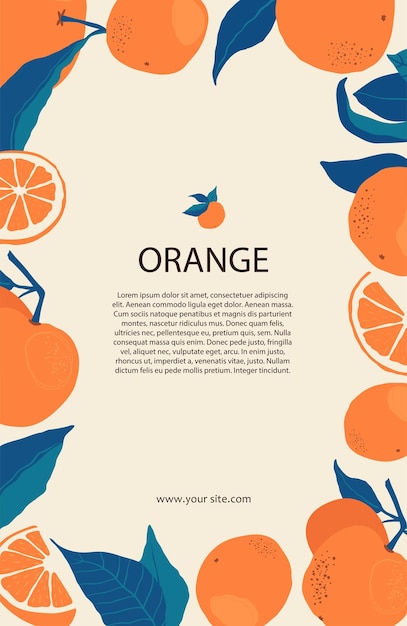 Frame of oranges on branches with copy space in flat style. template with citrus fruits for your brochure design, banner, labels. vector stock illustration