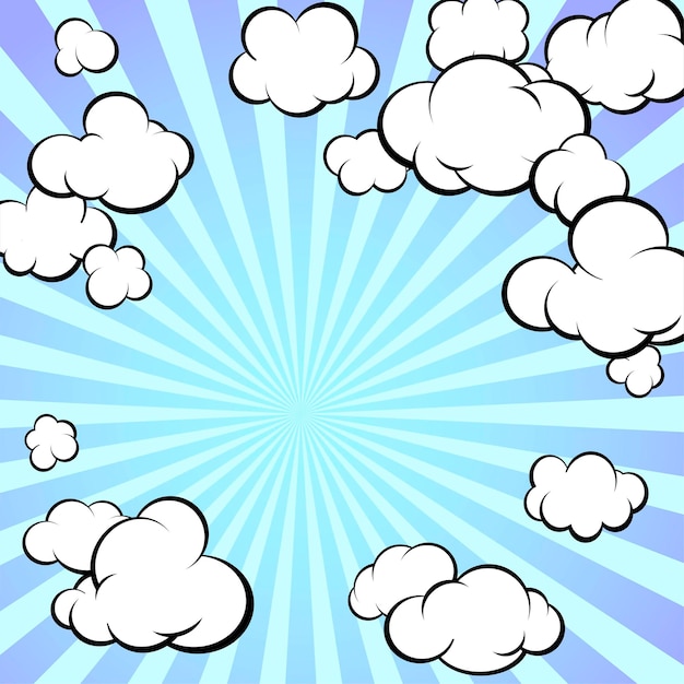 Vector frame of painted clouds. radial rays of the sun. retro style. cartoon. square format. vector illustration.