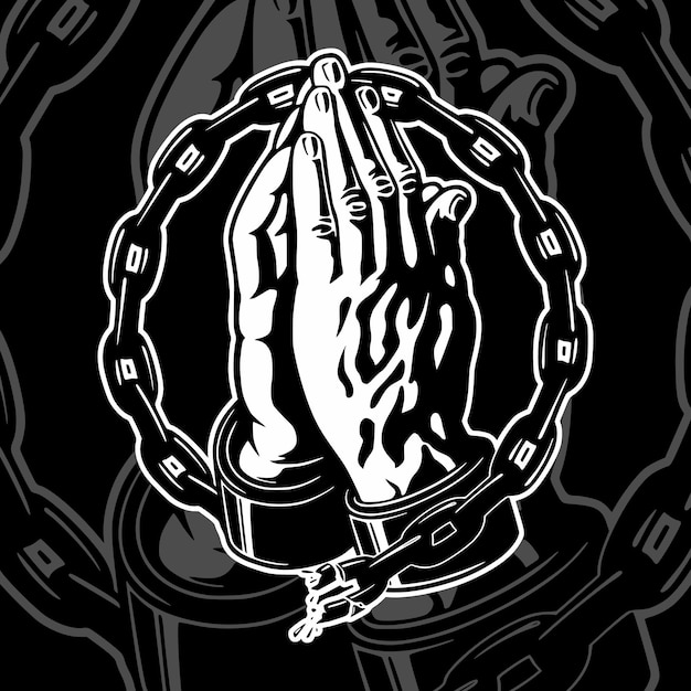 Vector frame praying hands with chains and handcuffs
