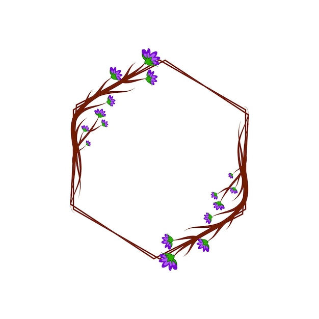 Una cornice di fiori viola con una cornice di esagono e rami