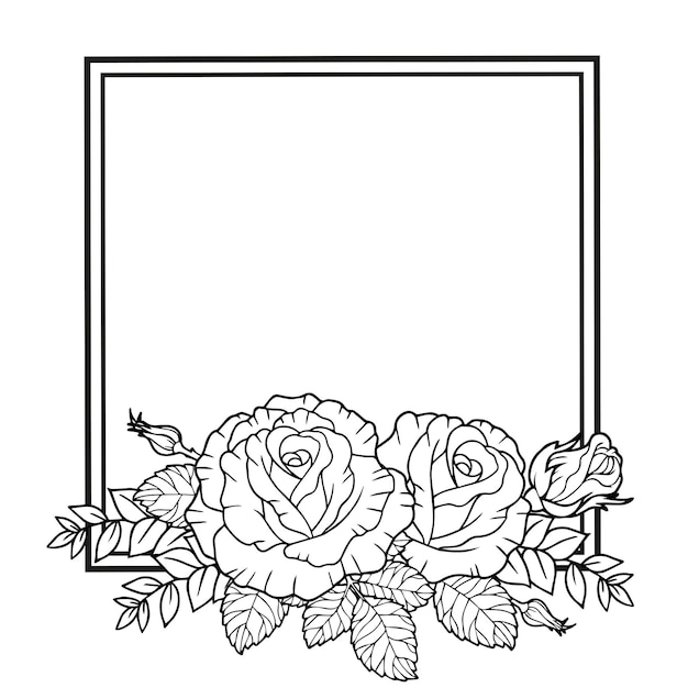 frame of rose flowers branches and leaves