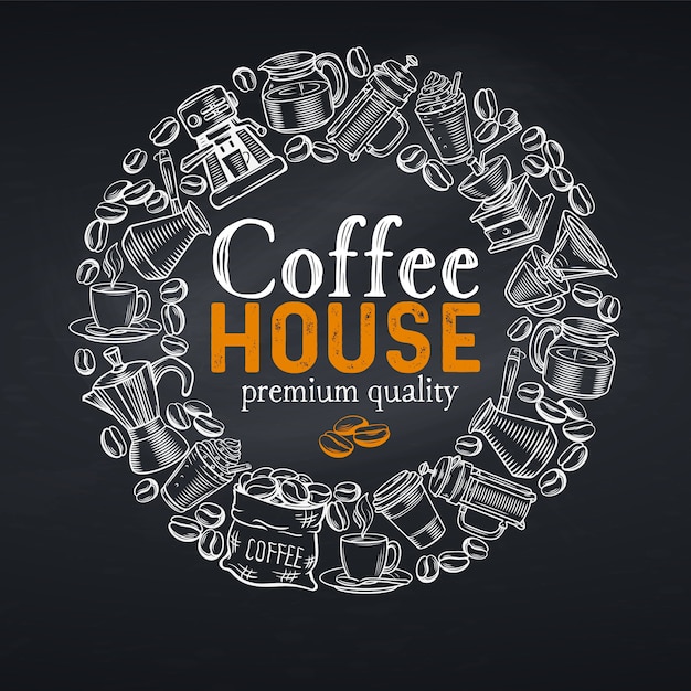 Vector frame template coffee house page design with sketch cups, hot drinks, french press, brewer for menu cafe. chalkboard style.