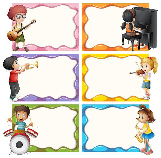 Vector frame template with kids playing musical instruments