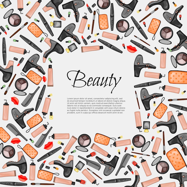 Vector frame for text with a set of beauty items. cartoon style. vector illustration.