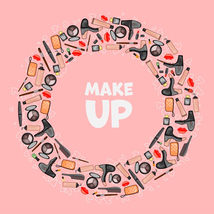 Vector frame for text with a set of beauty items. cartoon style. vector illustration.