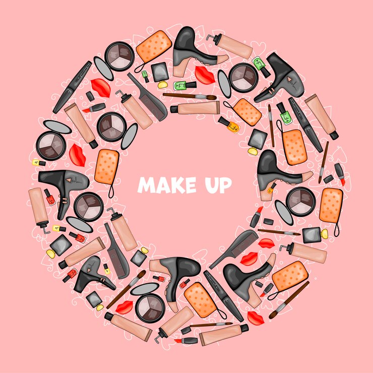 Vector frame for text with a set of beauty items cartoon style vector illustration
