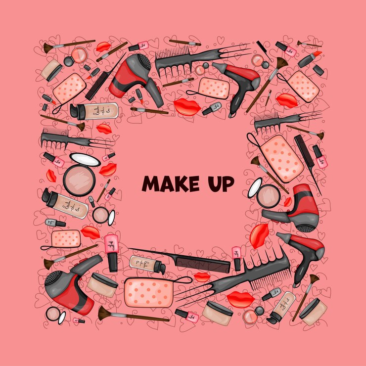 Vector frame for text with a set of beauty items cartoon style vector illustration
