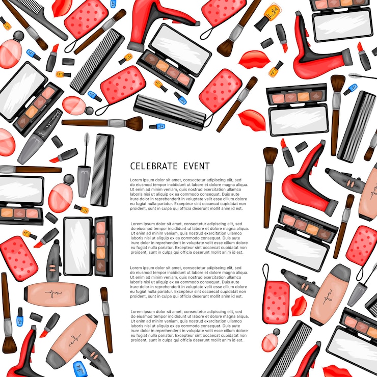 Vector frame for text with a set of beauty items cartoon style vector illustration