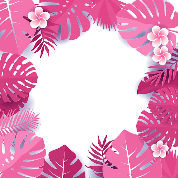 Vector frame of tropical monstera leaves with frangipani flowers. floral caper cut design background