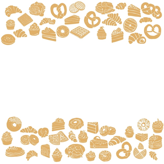 Vector frame of two horizontal borders with silhouettes of breakfast pastries silhouettes of different types of croissants cupcakes pancakes waffles cake pieces pretzels and donuts