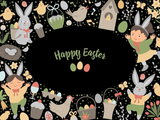 Frame van de horizontale lay-out van pasen met konijntje, eieren en gelukkige kinderen.