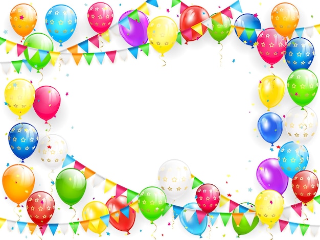 Frame van vliegende kleurrijke ballonnen veelkleurige wimpels en confetti op witte achtergrond Verjaardag thema illustratie