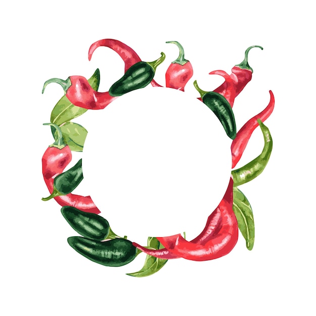 Frame of various hot peppers watercolor illustration isolated on white