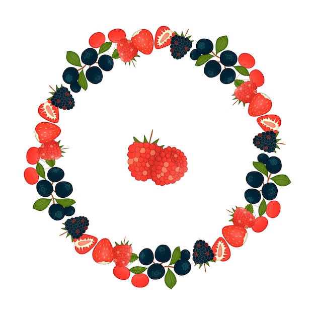 Vector frame vector wreath of blueberries with green leaves. hand drawn cartoon style illustration.