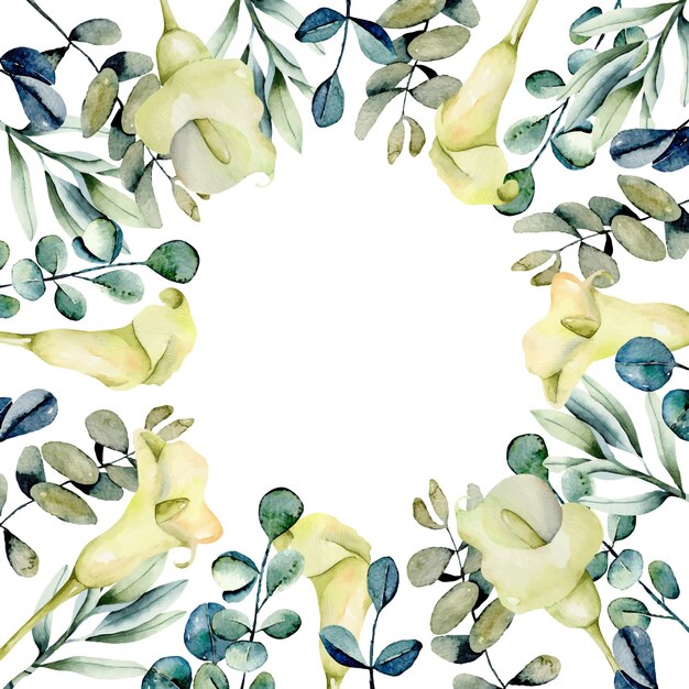 Frame of watercolor white callas and eucalyptus