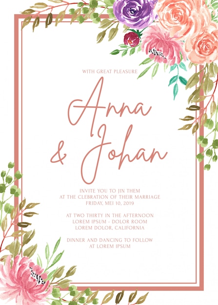 Frame wedding invitation card template beautiful flower watercolor