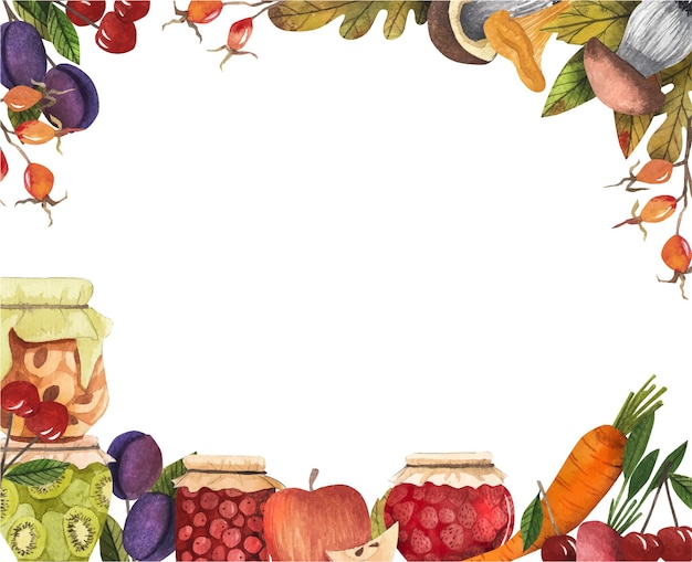 frame with autumn harvest, jars of jam, mushrooms, fruits vegetables, berries