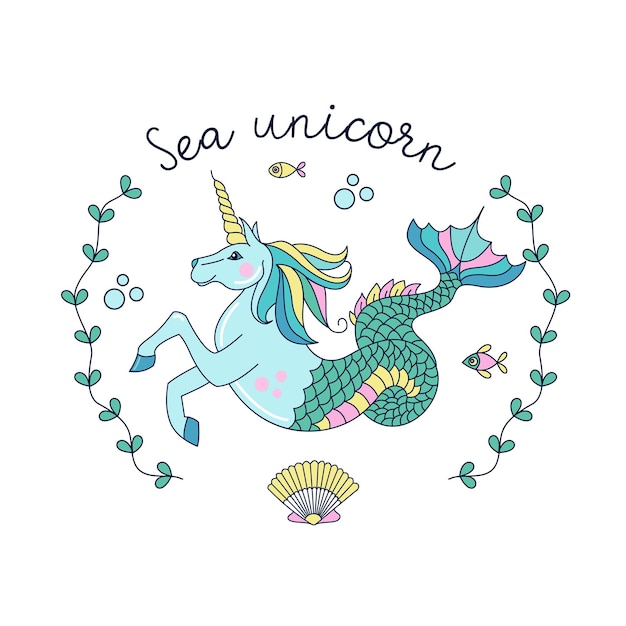 Vector frame with a beautiful sea unicorn.