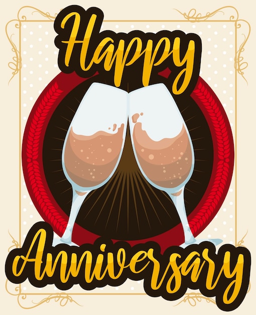 Vector frame with button with laurel wreath and wine glasses clinking celebrating a happy anniversary