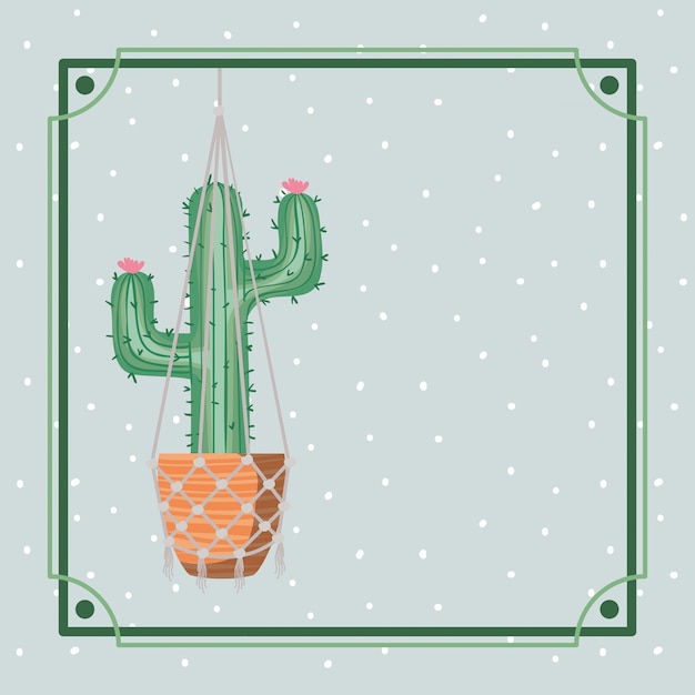 Vector frame with cactus houseplant hanging in macrame