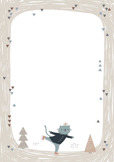 Vector frame with cute cat ice skating.