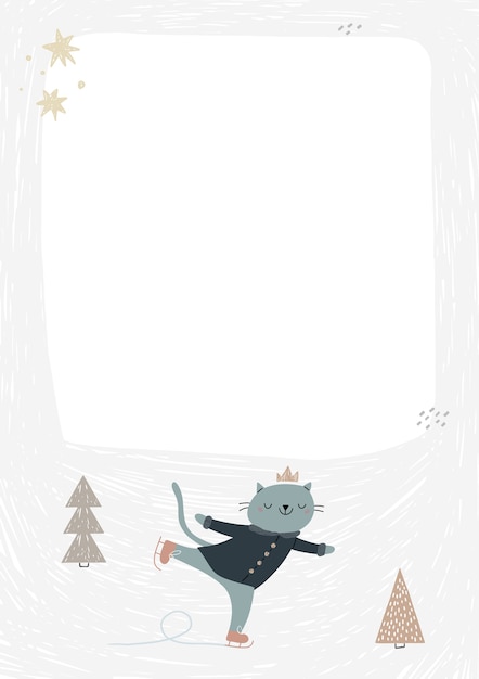 Frame with cute cat ice skating.