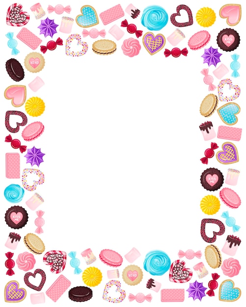 Frame with an empty circle inside made of sweets gingerbread marshmallows heartshaped lollipops with sprinkles and icing