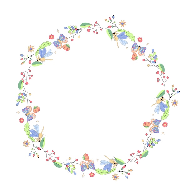 Vector frame with flowers and beetles butterflies summer spring for congratulations announcements on a