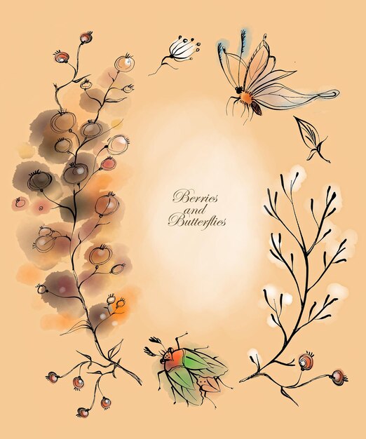 A frame with flowers and butterflies on a peach background