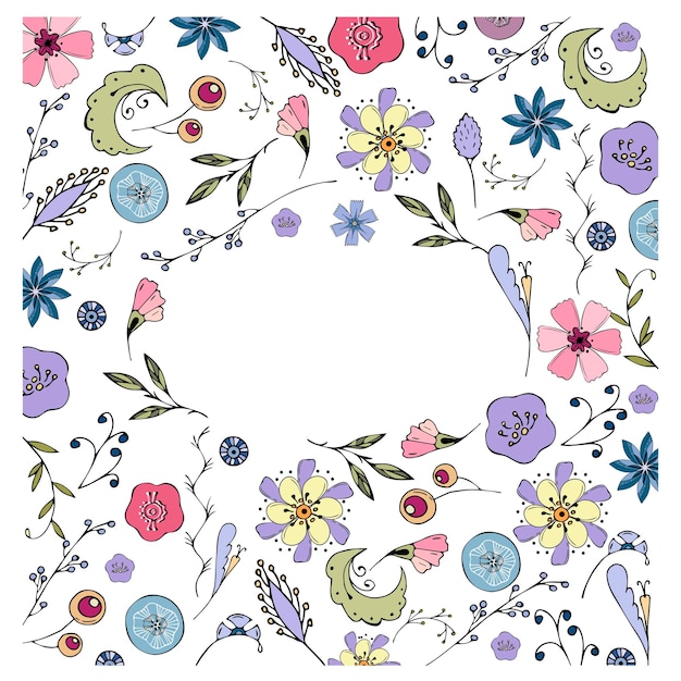 Vector frame with flowers, hand drawn doodle, empty space to insert text.