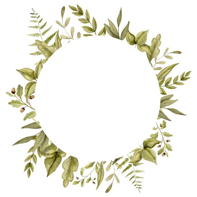 Vector frame with forest green leaves wreath with plants hand drawn watercolor illustration of template for greeting cards or invitations woodland round border with branches for icon or logo