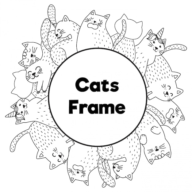 Frame with funny cats in coloring page style