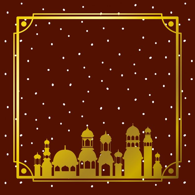 Frame with golden mosque building with stars sky