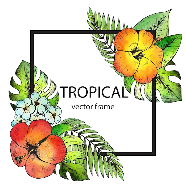frame with hand drawn tropical flowers and plants and watercolor texture