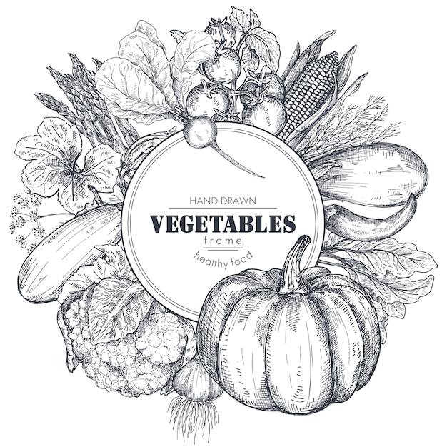 Frame with hand drawn vector farm vegetables in sketch style round border composition