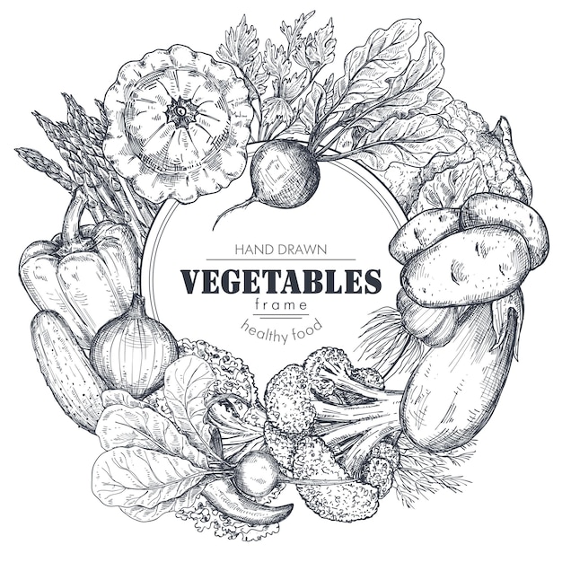 Frame with hand drawn vector farm vegetables in sketch style Round border composition