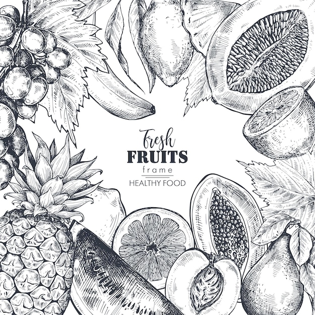 Frame with hand drawn vector fresh fruits in sketch style Square border composition